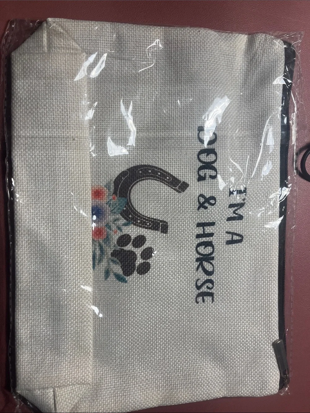 Beige Canvas Cosmetic Bag - Cute Paw & Horseshoe Design